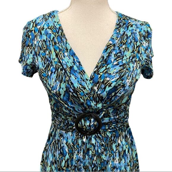 Studio I Blue Printed Ruched & Buckle Waistband Dress Sz 6 - Picture 4 of 16